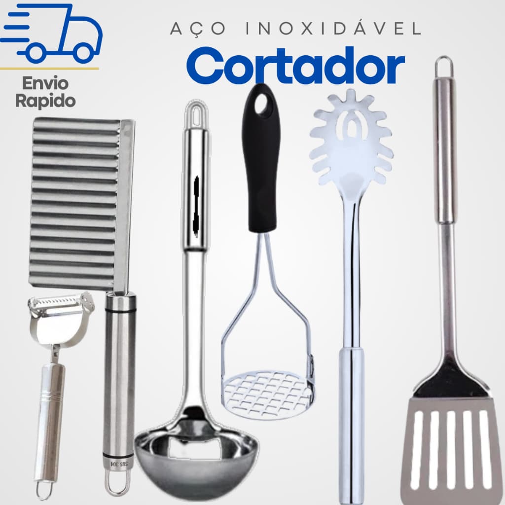 Kit 6 Utensílios Chef Inox - Cozinha Completa e Prática com Amassador, Conchas, descascador e Mais