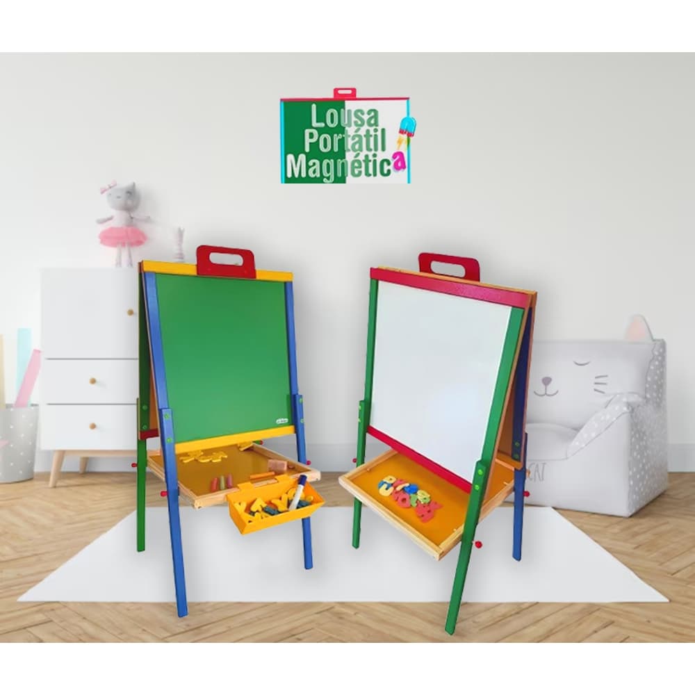 Quadro Lousa Portátil Magnética + Letras  + apagador e Giz + cesto - Carimbras Beinquedo Educativo