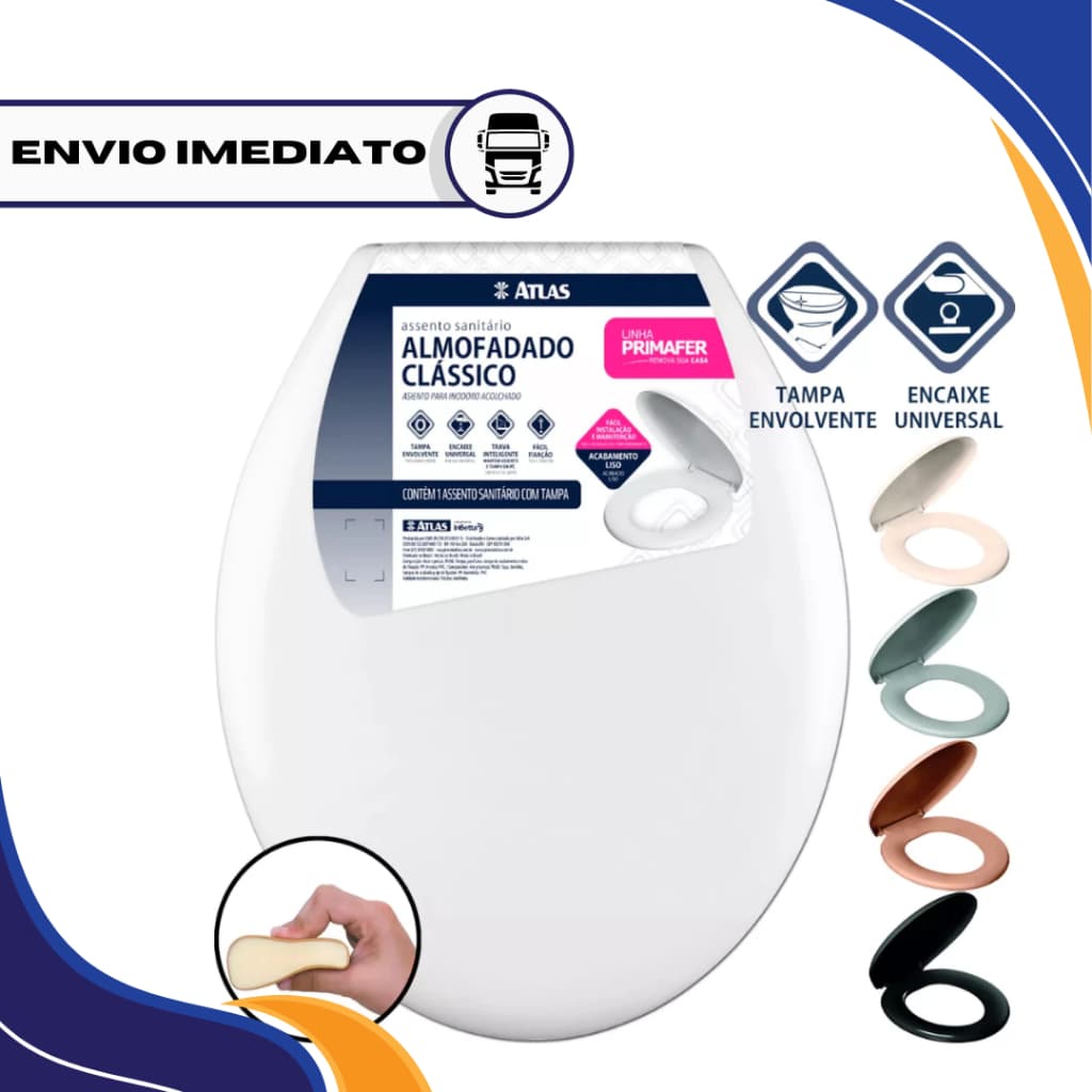 Assento Tampa Sanitário Vaso Oval Almofadado Atlas Primafer Cores