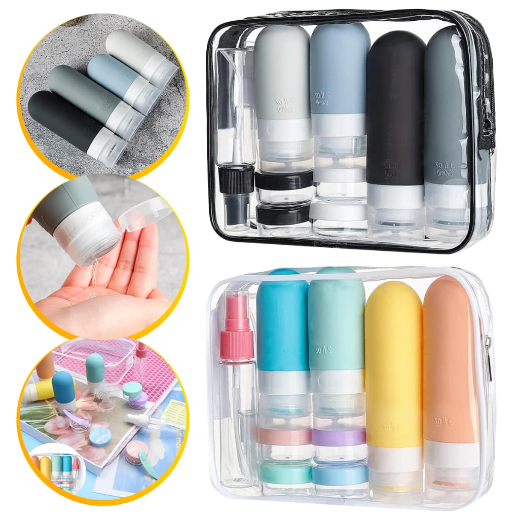 Kit Para Viagem 10 Frascos Em Silicone Porta Shampoo Sabonete Creme Cosmeticos Com Necessaire