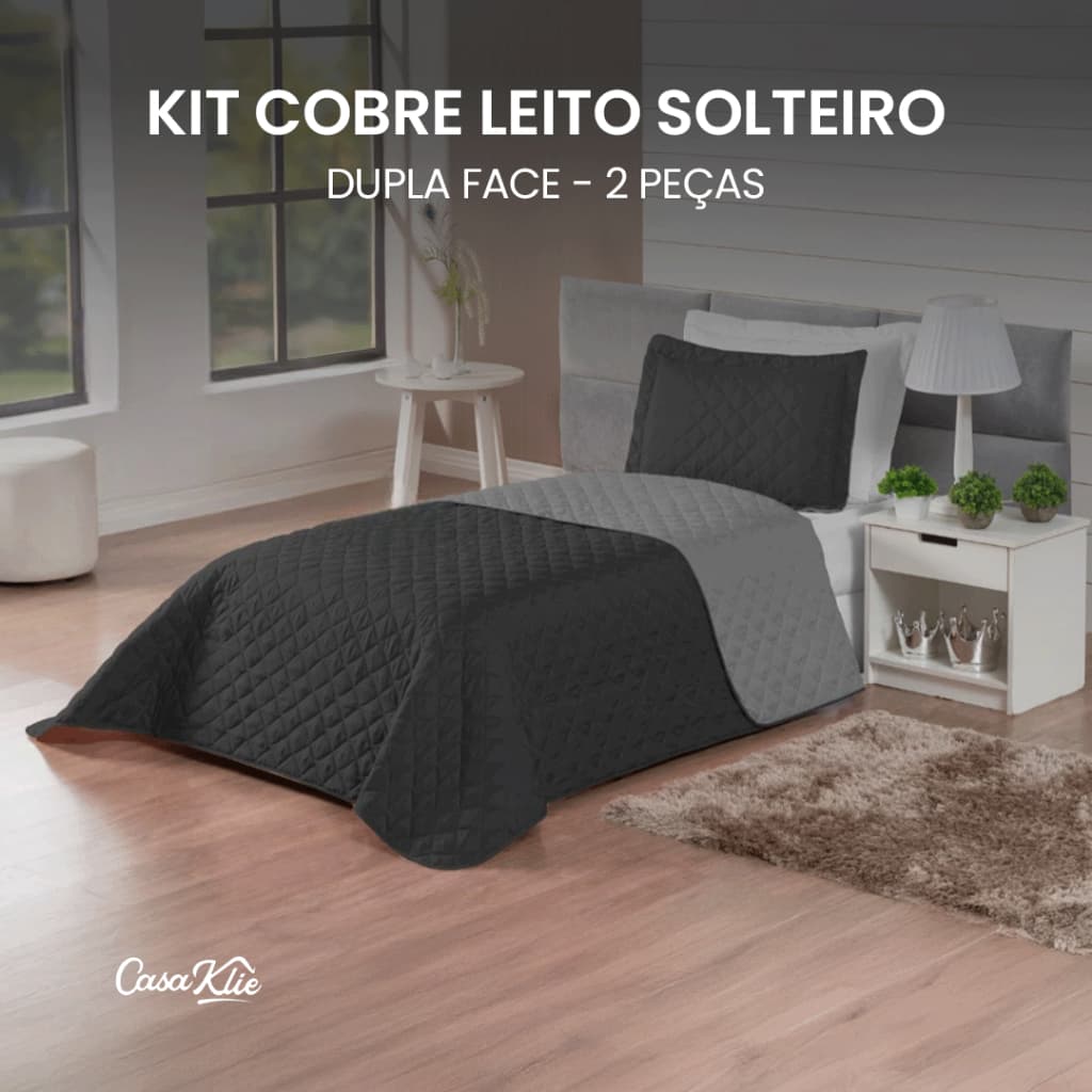 Kit Cobre Leito Realeza Cama Solteiro Colcha Dupla Face 02 Peças Preto com Cinza