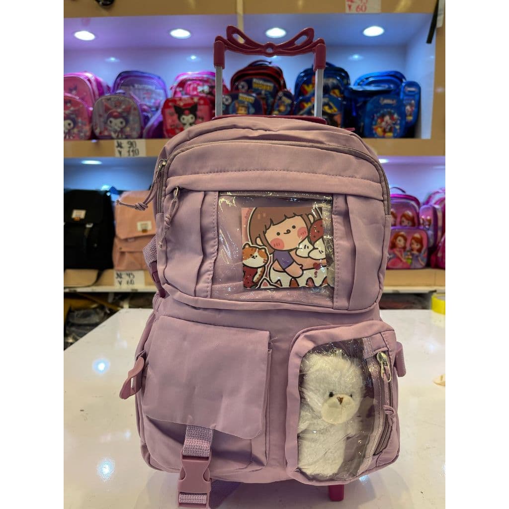 Kit Mochila Menina com Rodinha de Nylon Escolar Paseio Coreano com Ursinho