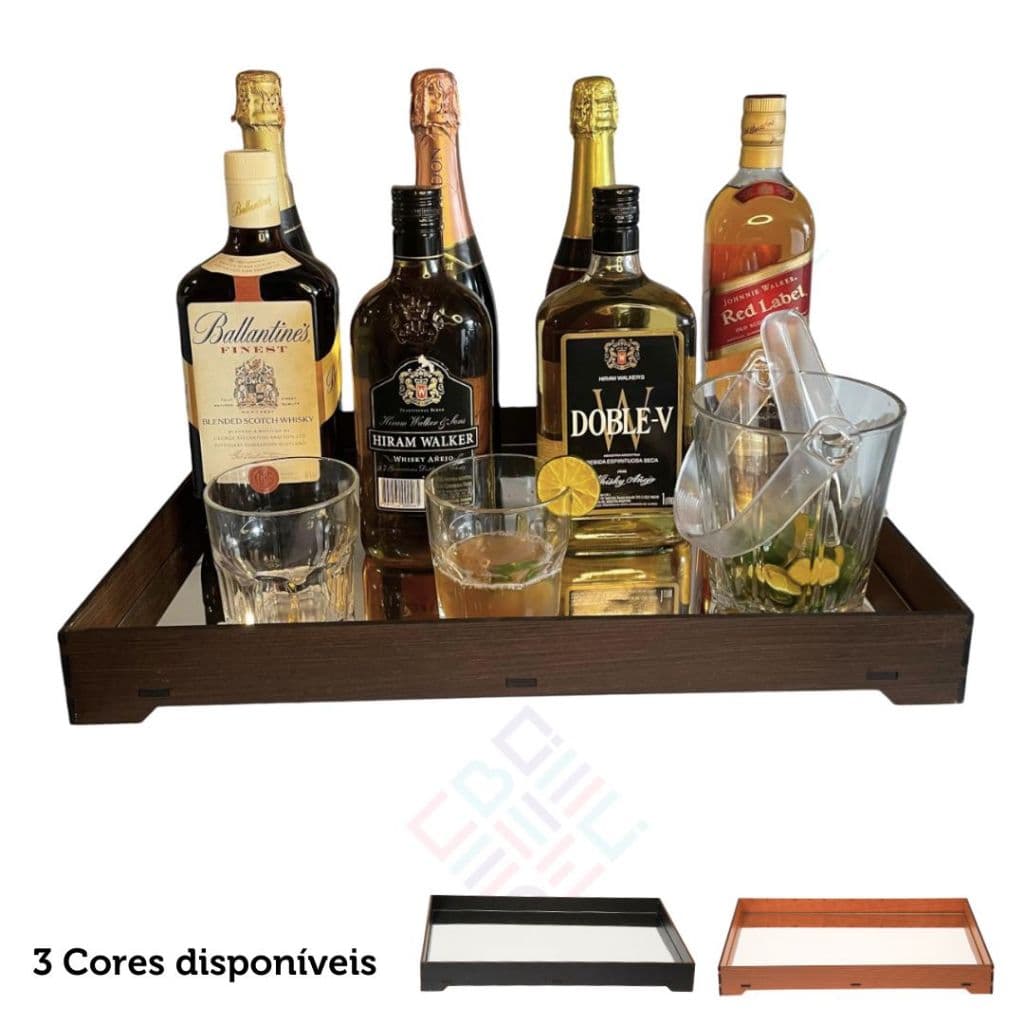 Bandeja Expositora Bebidas Garrafas Taças Espelhada Organizador Servir Drinks Adega Bar Boteco Pub