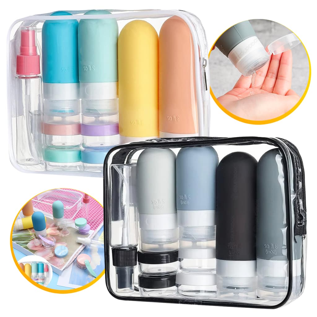Kit 10 Frascos Mala Viagem Organizador Cosmeticos Shampoo Creme Sabonete Em Silicone E Necessaire