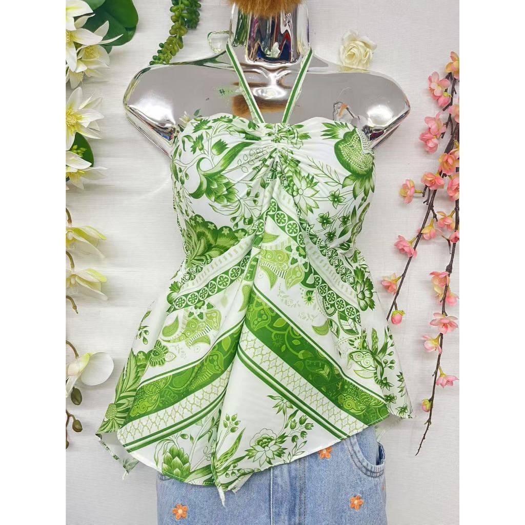 T085 Top floral estilo bandeau com decote halter