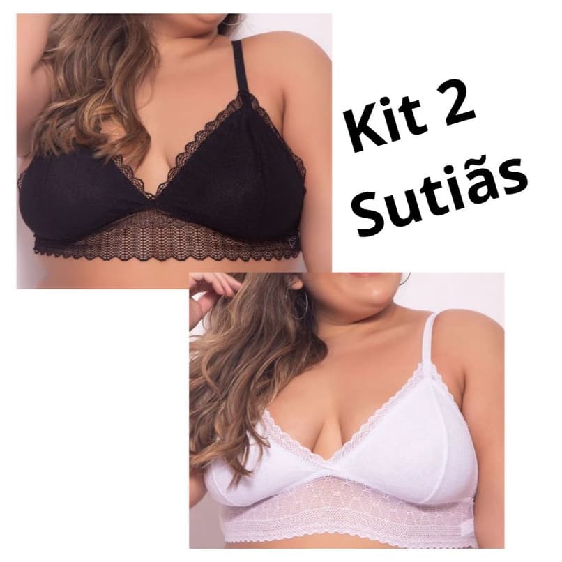 Kit 2 Sutiãs Plus Size Sem Bojo em Renda Delicado Sem Aro Soutien Extra Grande