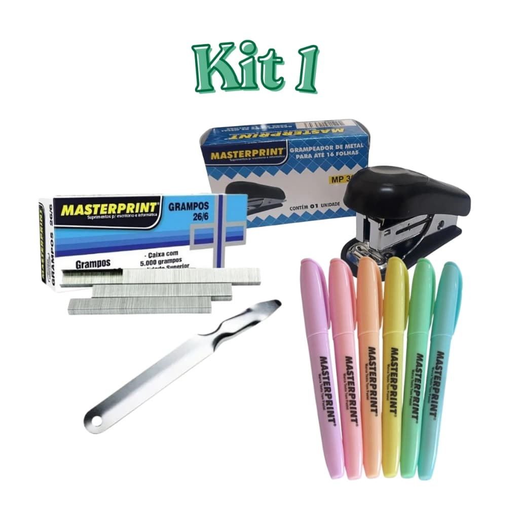 Kit Escritório C/Grampeador Mini MP305 + 5.000 Grampos + Marca Texto + Extrator de Grampos (BRINDE) - Masterprint