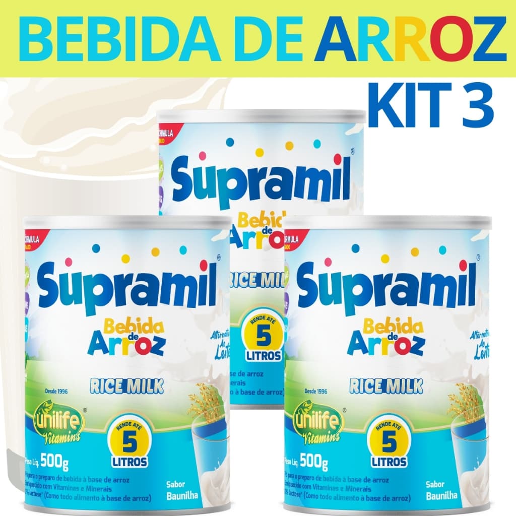Kit com 3 Bebidas de Arroz Rice Milk Kids Sem Lactose 500G Sabor Baunilha Rende 5 Litros Unilife