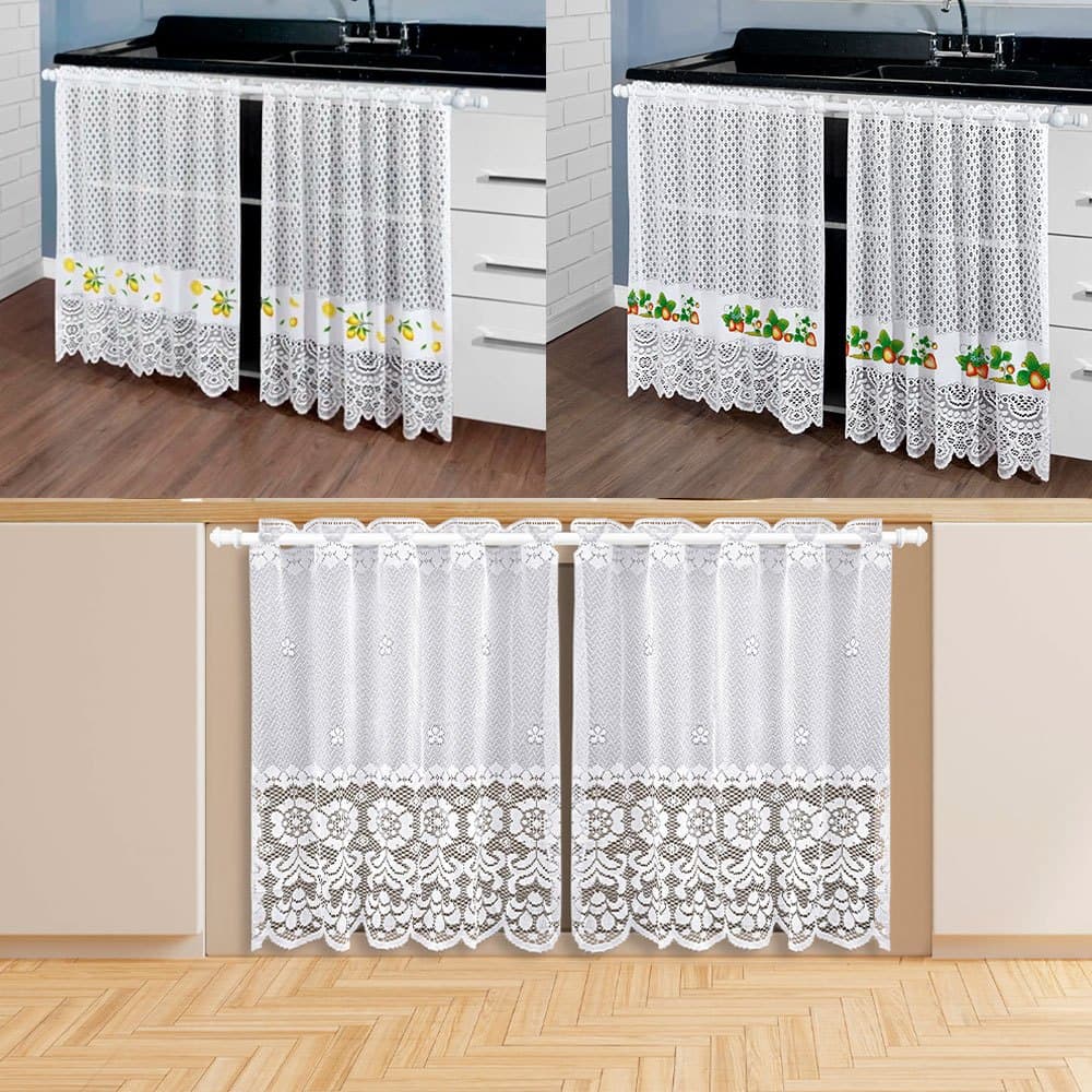 Cortina de Pia e Balcão Gourmet Renda Stilo Bege e Rose 1,60 X 0,80cm