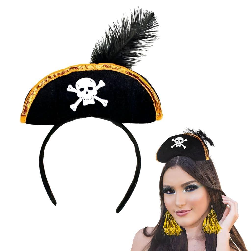 Tiara Chapéu Pirata Luxo Com Pena Adereço Cosplay Festa Carnaval Fantasia Halloween