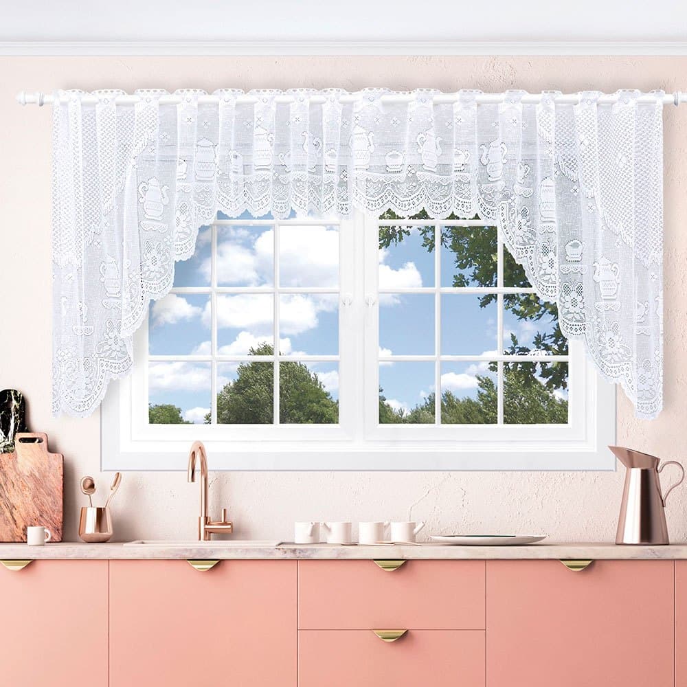 Cortina Bandô Renda Cozinha Sala Capri Bule 3,15 x 1,00 m OU Capri Floral 2,95 x 1,00 Branca / Bege/ Marrom