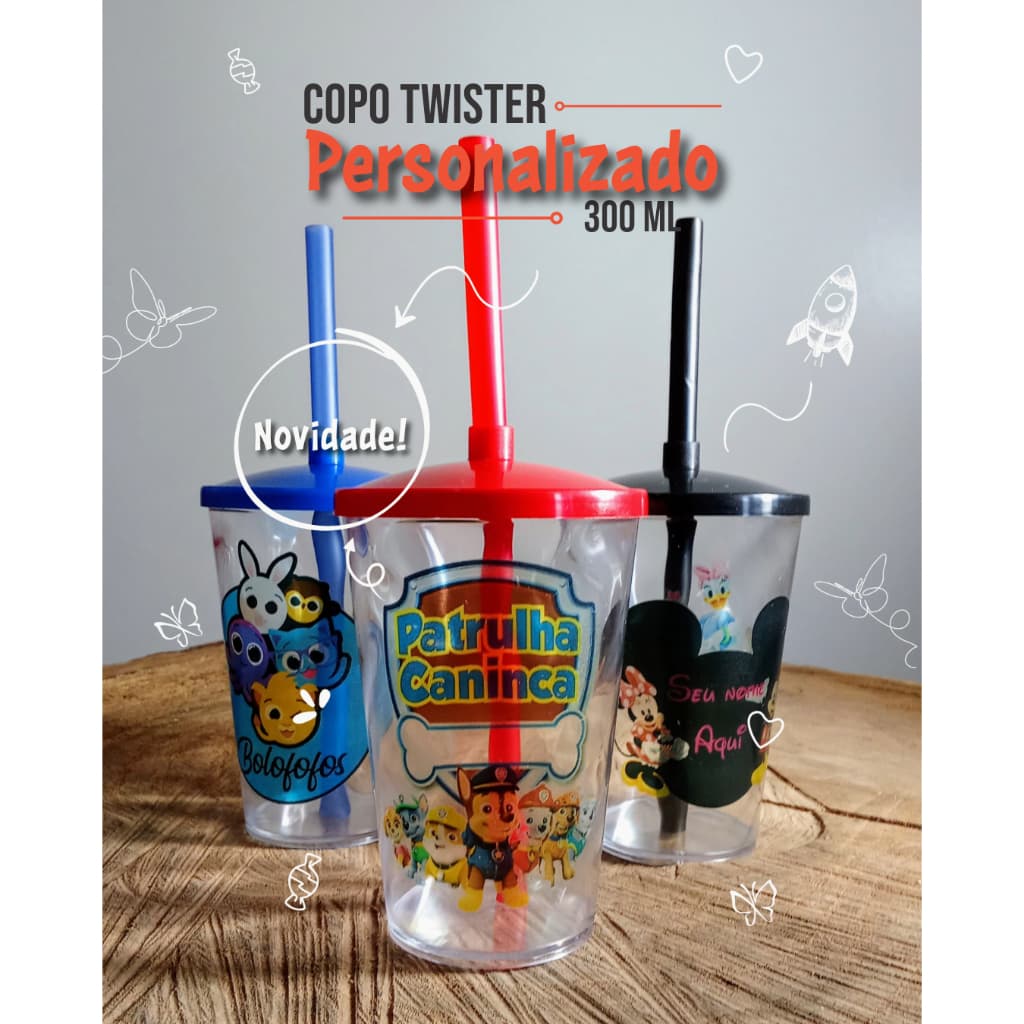 Copos Twister Shake 300ml C/ Tampa e Canudo Personalizados Lembrancinha Festa Infantil