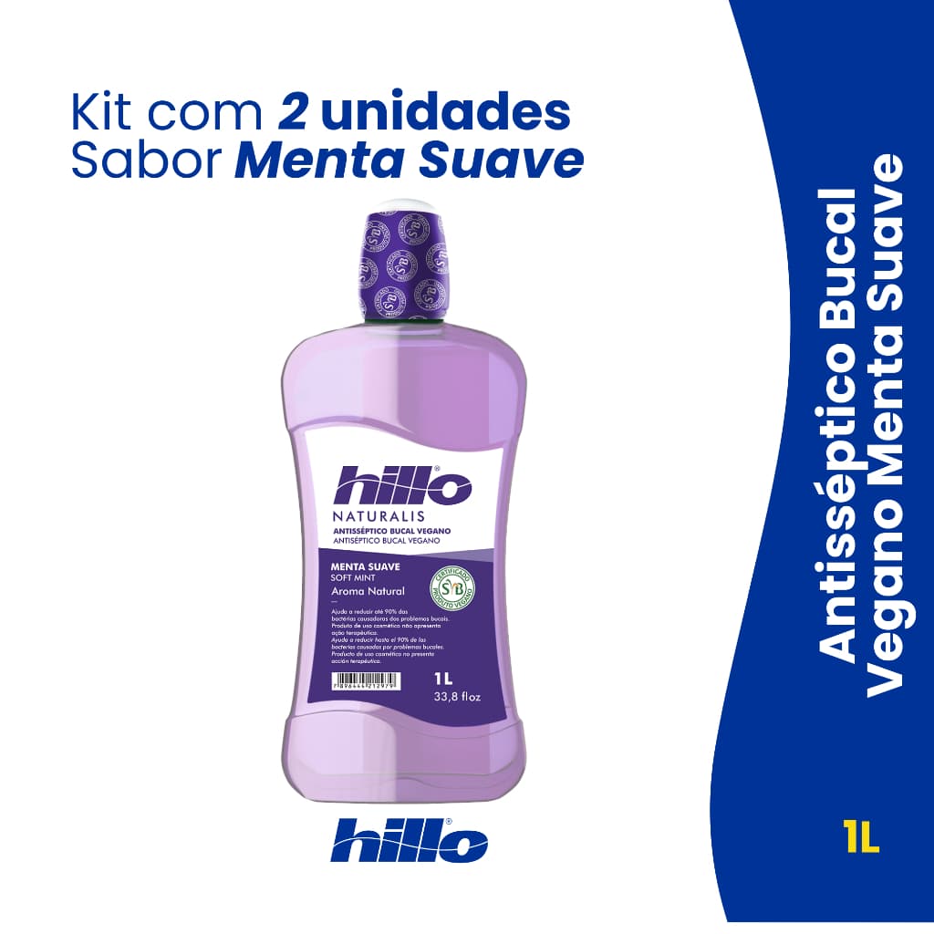 Kit 2 Enxaguante Bucal Vegano Menta Suave 1L Hillo - Antisséptico Bucal