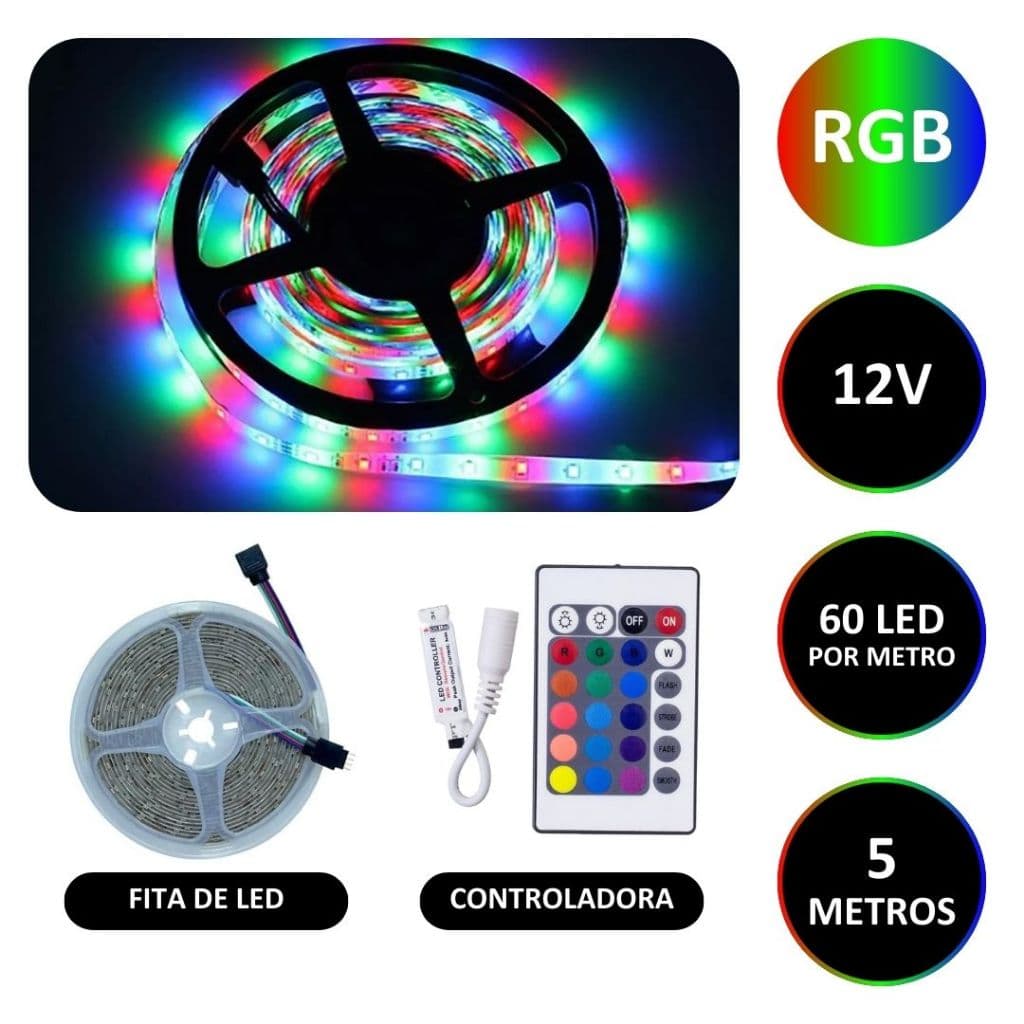 Fita LED RGB Colorida + Controle + Controladora IR _ 300 LED 3528 5 Metros IP65 Adesiva 4 Vias 12V