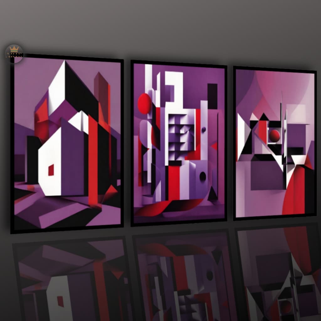 Quadros Decorativos Abstrato Premium Roxo Formas Geométricas Para Salão e Sala
