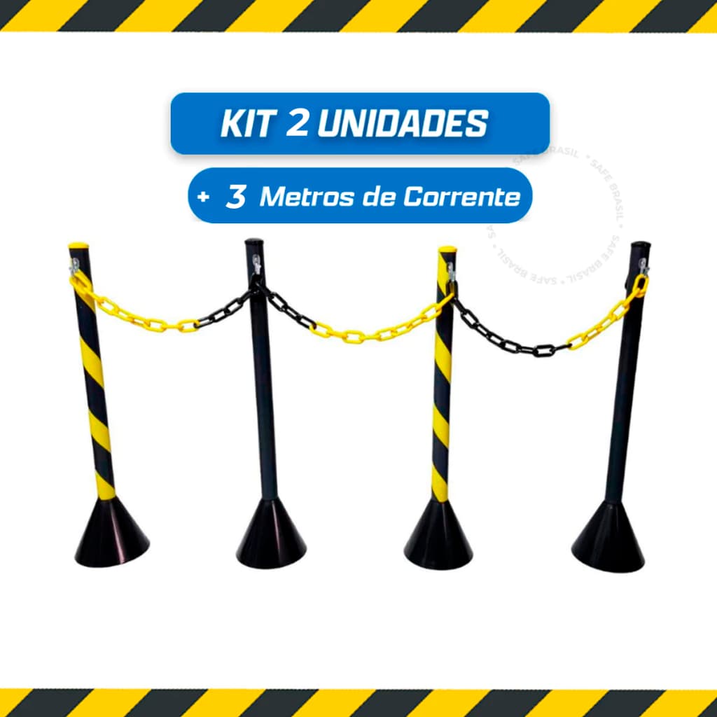 kit 2 Pedestal Plástico Zebrado ou Preto + 3 Metros Corrente Sinalização Amarelo/Preto