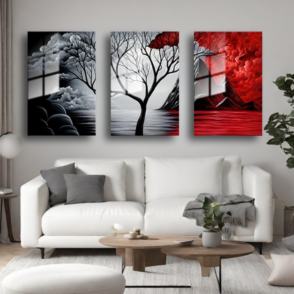 Quadros Decorativos Árvore Da Vida Vermelho e Preto Outono Nas Montanhas