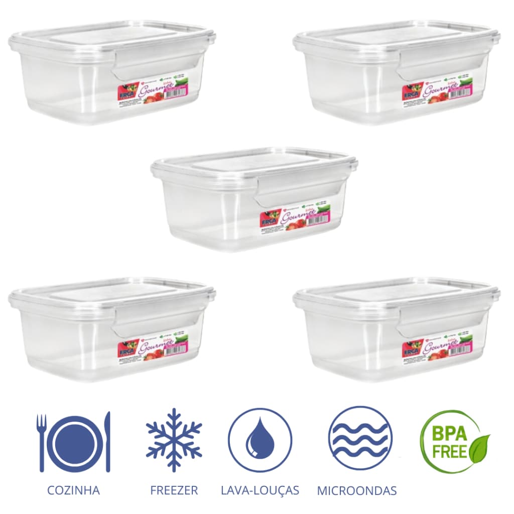 Jogo 5 Potes de Trava 750ml, Kit 5 Potes Retangulares Tampa de Trava, Pote Plástico Livre BPA