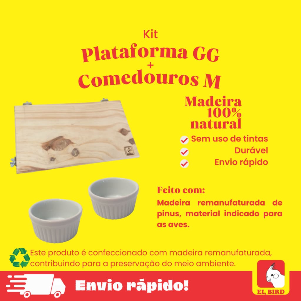 Kit Plataforma GG + 2 Comedouros M para Calopsita, Agapornis, Arara, Papagaio