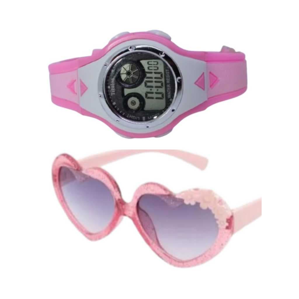 Relógio com cronometro data e hora e oculos infantil feminino de proteção solar , kit perfeito para sua filha. Novidade