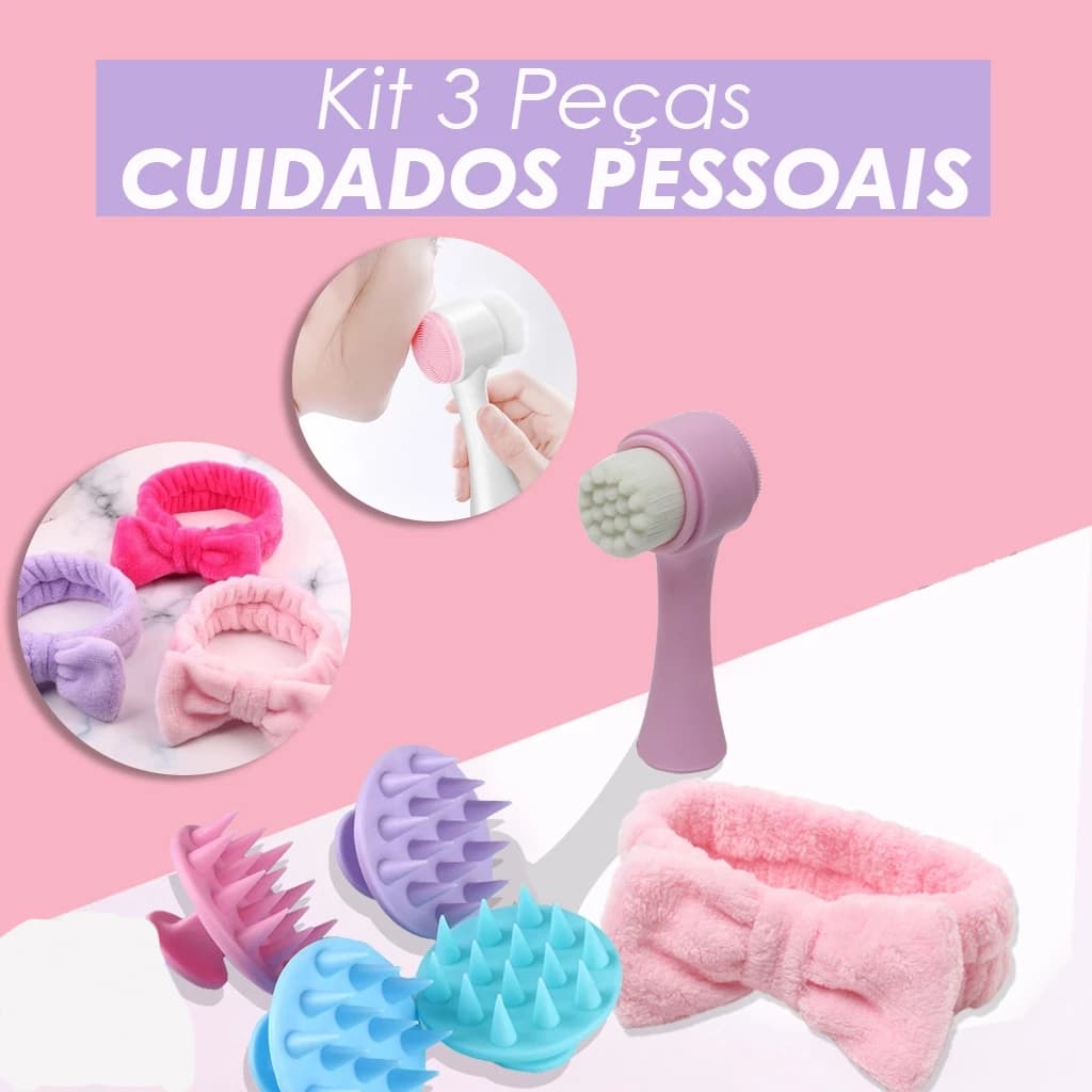 Kit 3 Peças de Cuidados Pessoais Com Escova de Limpeza Facial + Escova de Massagem Capilar e Faixa de Cabelo em Toalha