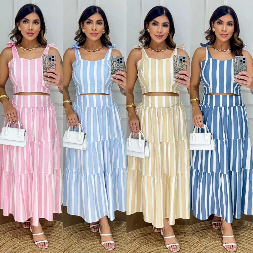 Conjunto Sofia Listrado Saia Mídi e Cropped No Tecido Tricoline Super Elegante Moda Verão