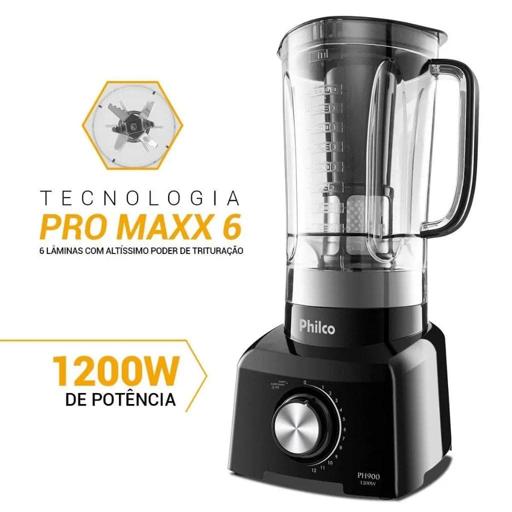 Liquidificador Philco  Preto 1200W Turbo Lâminas Promaxx6 Inox 12 Velocidades