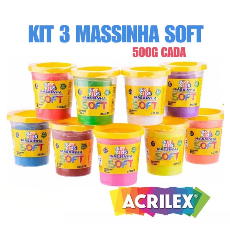 Kit 3 UND Massa/Massinha de Modelar infantil no Pote Cores Sortidas 500g Soft - ACRILEX