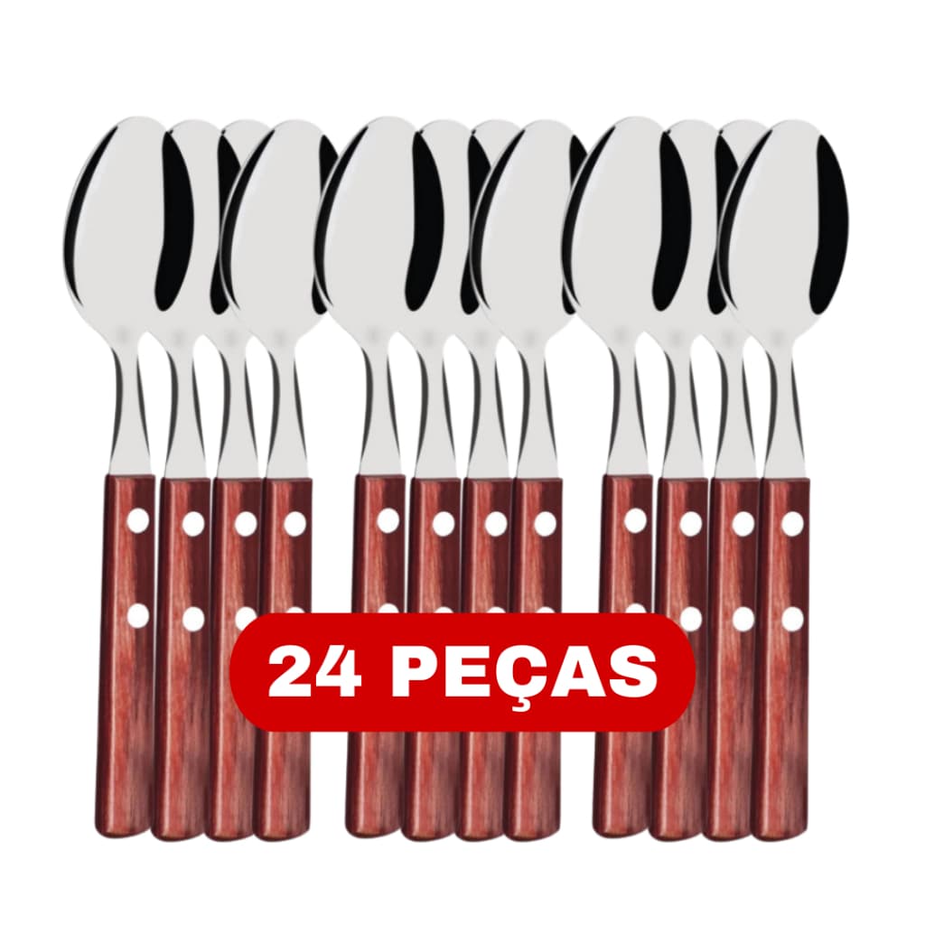 Colher Cabo de Madeira 24 peças Aço Inox de Mesa Wood