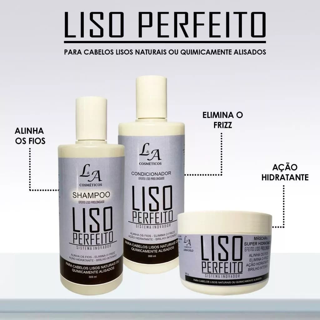 Kit Liso Perfeito Shampoo Condicionador e Máscara Hidratante - Efeito Progressiva - 3x300g