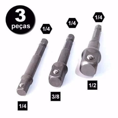 Jogo 3 Adaptador Soquete Parafusadeira 1/4 3/8 1/2