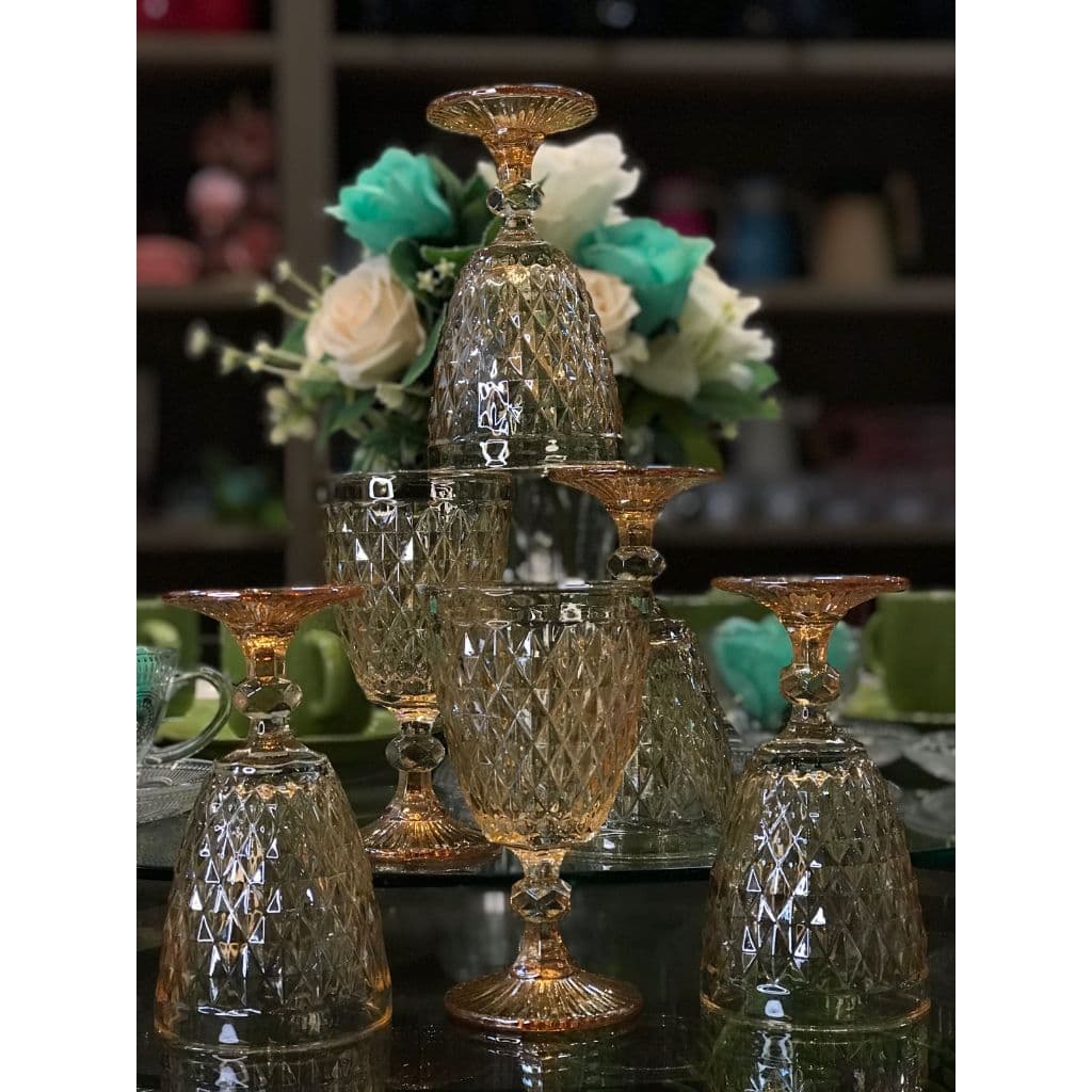Taça Bico De Abacaxi KIT 6 Peças De Vidro Diamond Vinho Água Drinks Ambar E Clear