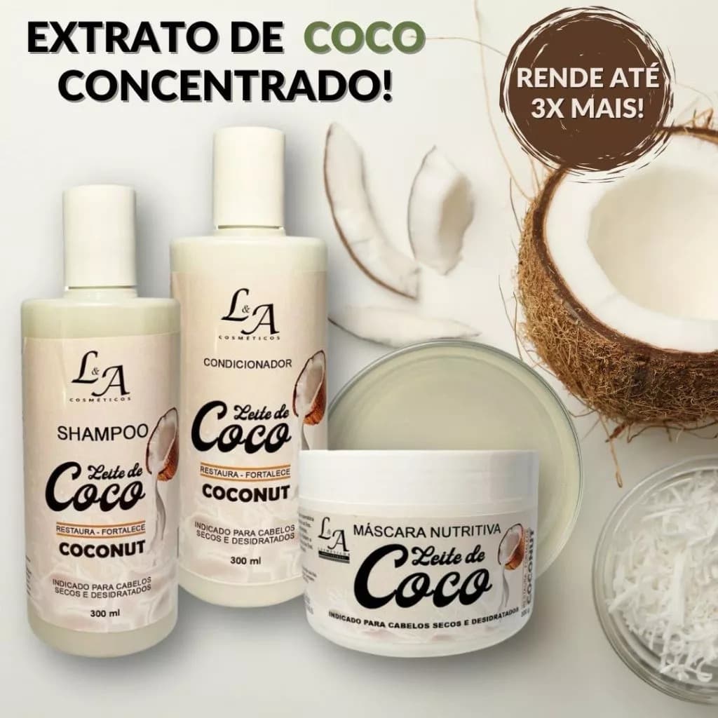 Kit Capilar Leite de Coco para Cachos Definidos Shampoo Condicionador e Máscara Fortalecedora Hidratante e Nutritiva