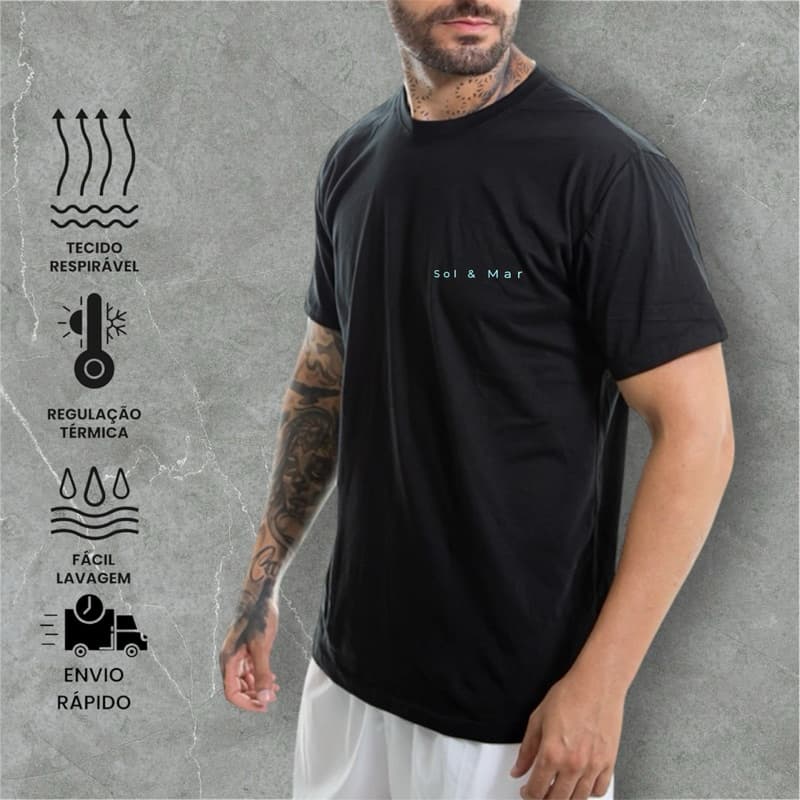 Camiseta Algodão Sol Praia Blusa Preta Camisa Masculina Moda Verão Férias Casual Básica Slim Estampada