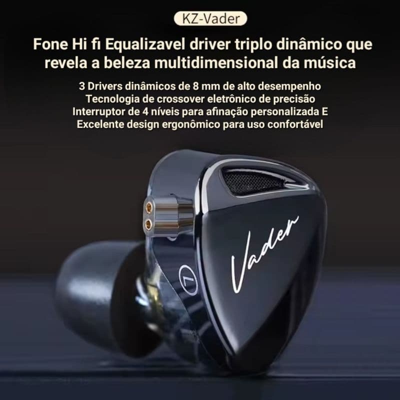 Fone Hi fi Kz Vader driver triplo alta fidelidade retorno de palco e estúdio