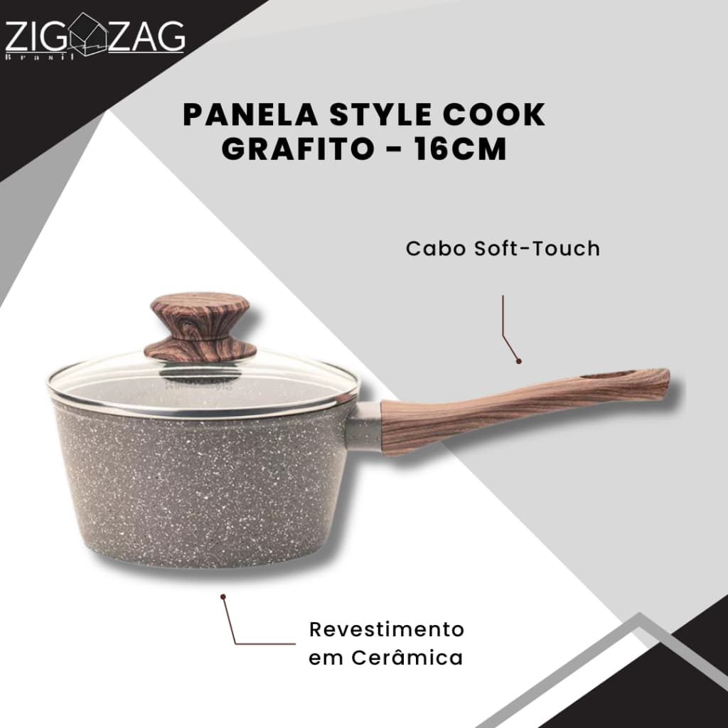 Panela Style Cook de Cerâmica Antiaderente, Grafito - 16cm | Para Fogão a Gás, Indução e Vitrocerâmico