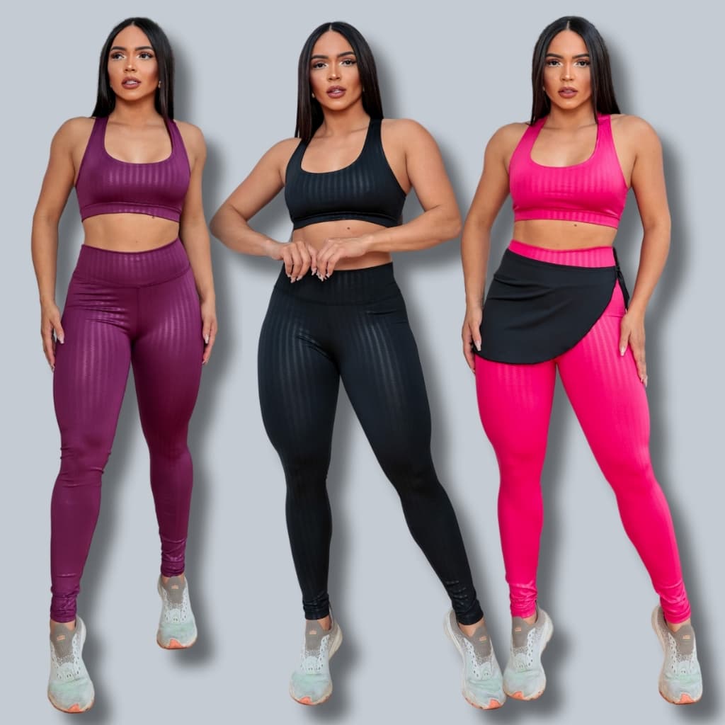 Kit 3 Conjuntos Cropped Top Calça Academia Fitness Suplex 3D Cirre Feminino Atividade Fisica Casual