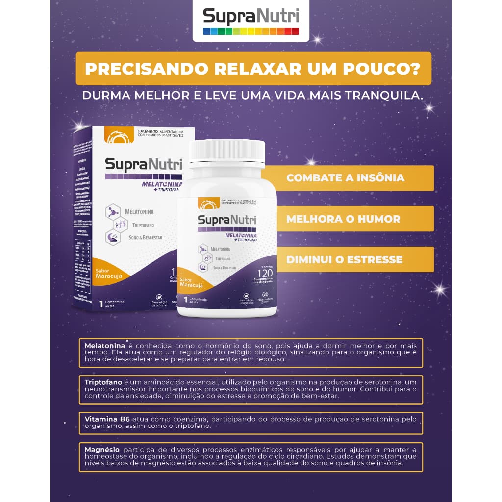 Melatonina mais Triptofano 120 Cp Mastigaveis sabor maracujá