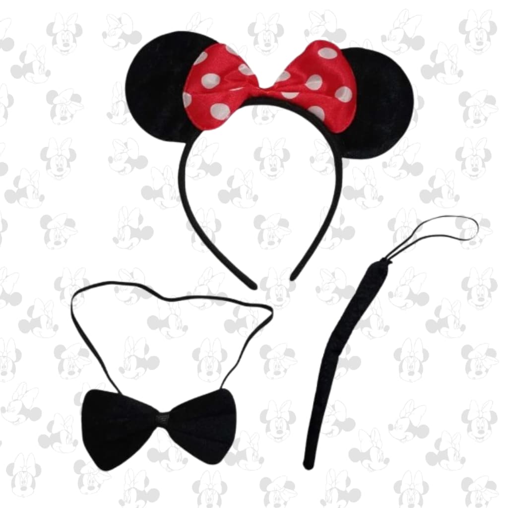 Kit Fantasia Carnaval  Minnie Vermelha Com Tiara Rabinho Gravata 3 Peças