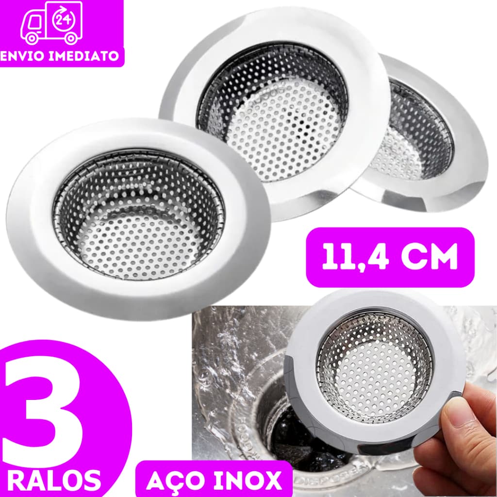 Kit 3 Ralo Ralinho Para Pia Em Inox Cozinha Inox 11cm Ideal Multiuso Universal Proteção Limpeza