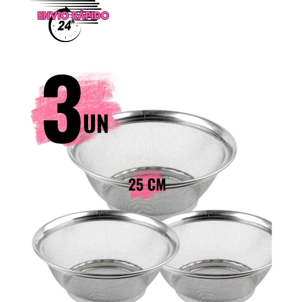 Kit 3 Cestas em Inox Escorredor Multiuso  de 25cm Para Cozinha Escorrer Macarrão Legumes Arroz Fruteira