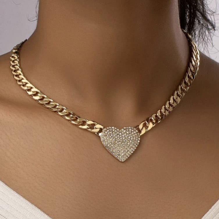 Colar Coração Brilho Dourado Corrente Cordão Moda Feminina Biju