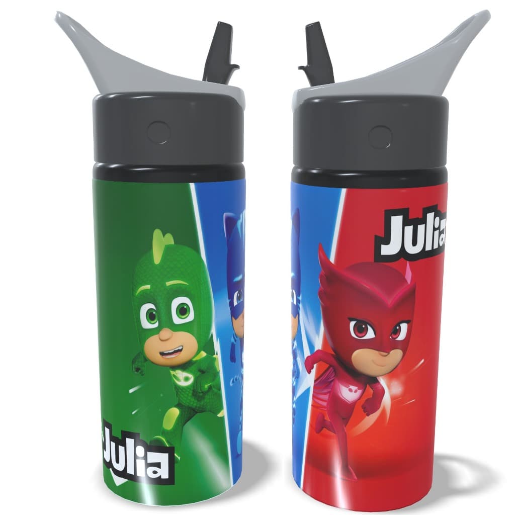 Garrafa Squeeze PJ Masks com Nome Personalizada Alumínio Escolar Infantil