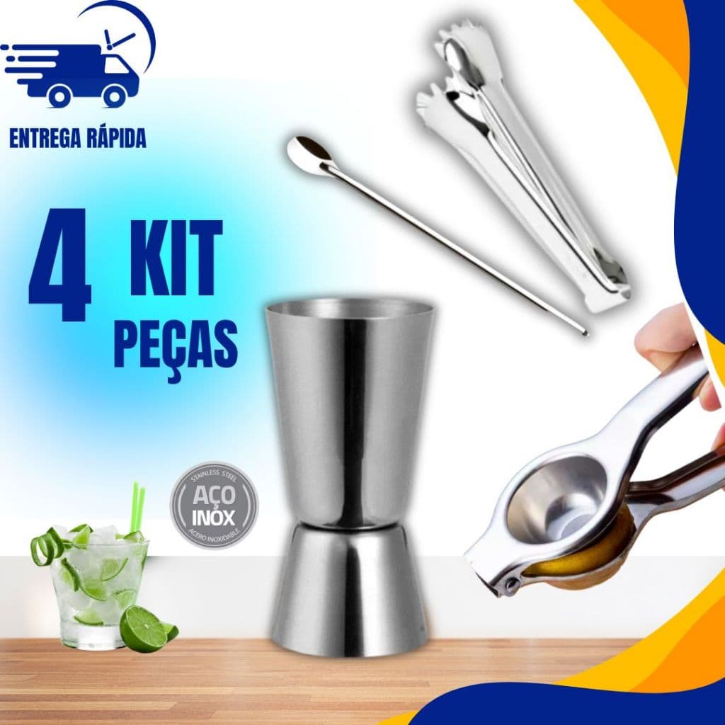 Espremedor de Limão, Pegador, Dosador duplo de inox e colher de 30cm para Bebidas e Drinks