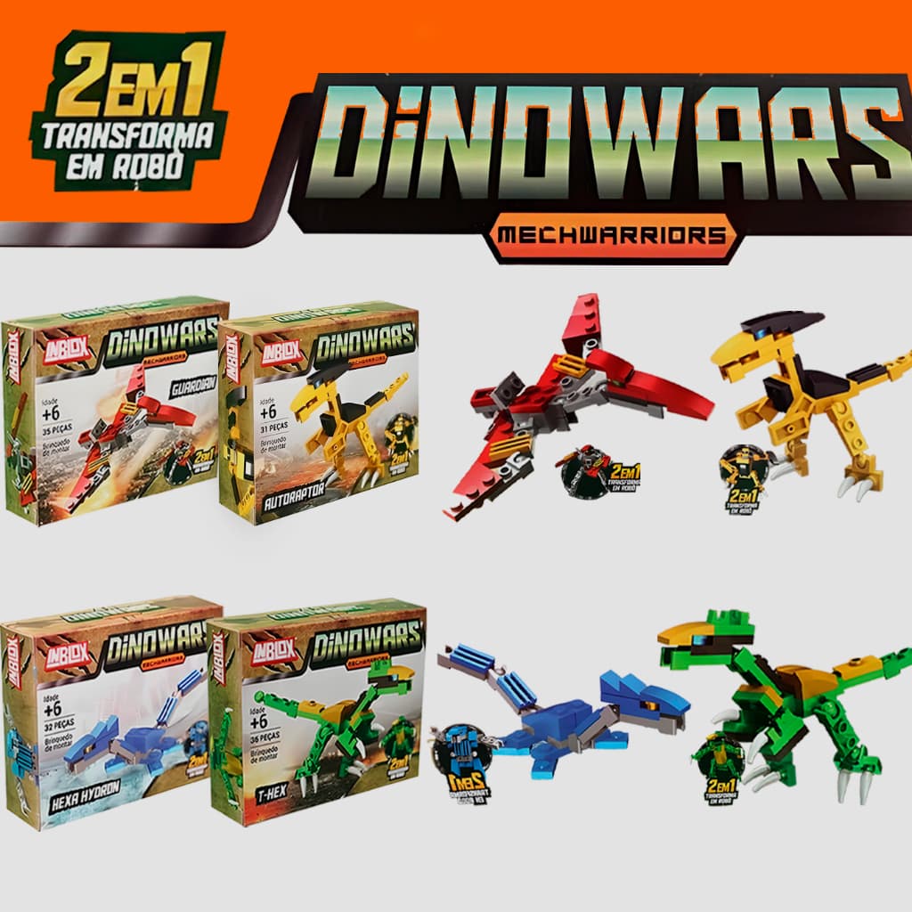 Blocos de Montar 2 em 1 Dinowars Kit 4 Modelos Brinquedo Educativo de Construção para Crianças