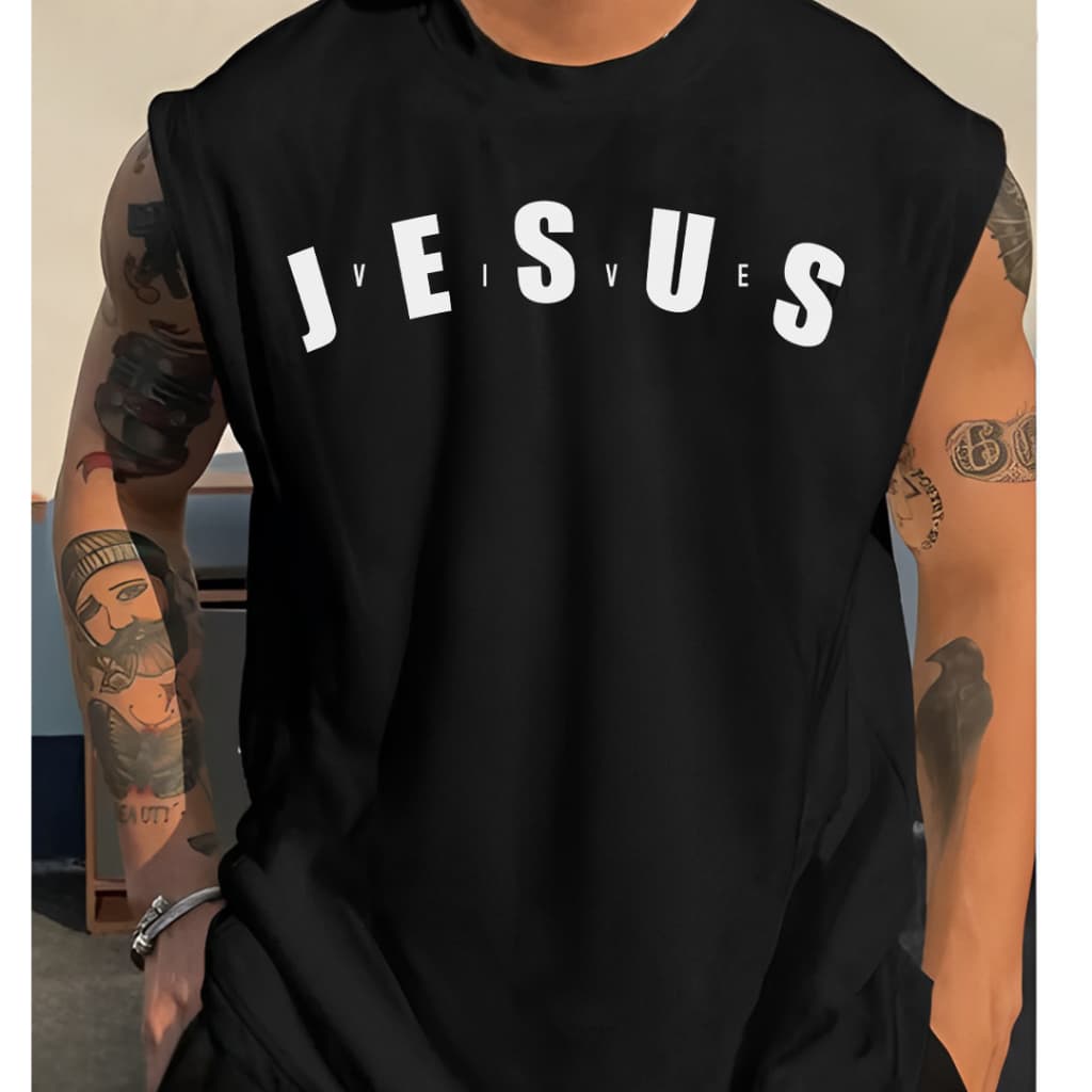 Camisa Regata Oversized Jesus Vive Moda Evangélica Modelagem Grande Sleeveless Cardio Masculina Musculação Treino