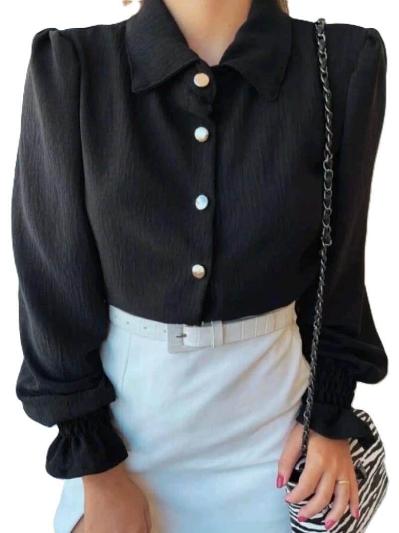 Blusa Feminina Preta Elegante Manga Longa Bufante Botões Dourados Social Chic Look Trabalho