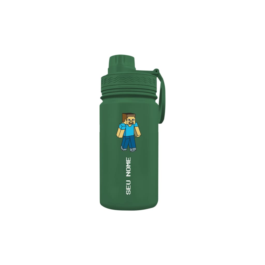 Garrafa Térmica Fresh Com Alça Personalizada 350ml 550ml 600ml Infantil com Seu Nome - Minecraft Steve
