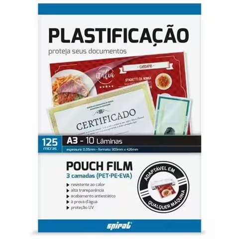 Plástico para plastificação, 125 Micras, 303mm x 426mm x 0,05mm, A3, Spiral - PT 10 UN