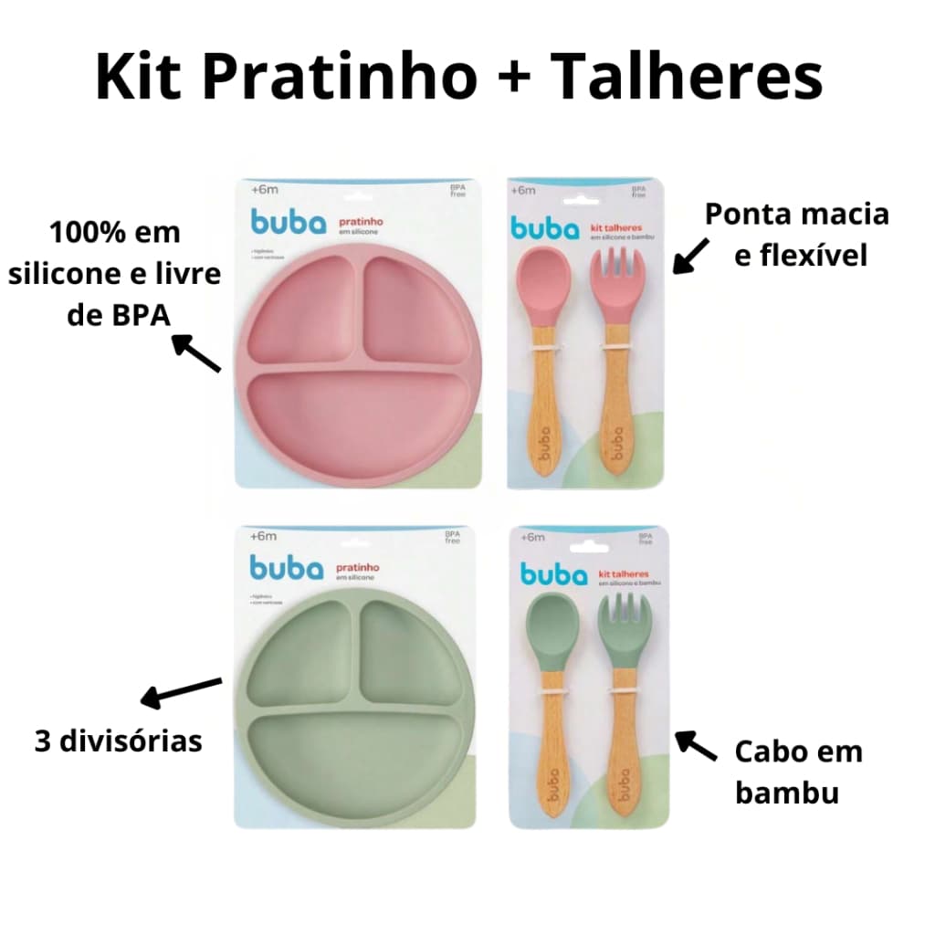 Kit Alimentação Silicone Buba com 3 peças para bebês e crianças - Prato e Talher de Bambu